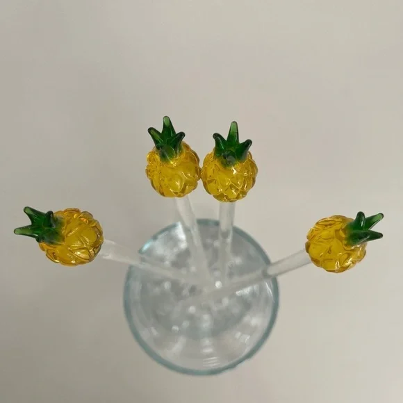 CRATE & BARREL Set of 4 Glass Pineapple Swizzle Sticks Cocktails Barware Tiki - Picture 7 of 12